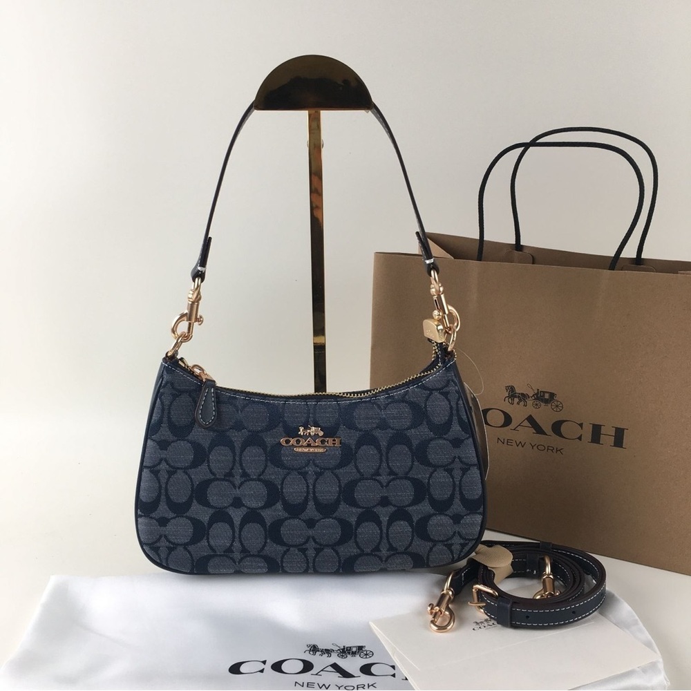 Coach Navy Jacquard Mini Shoulder Bag with Gold Hardware